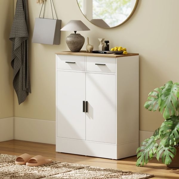 Sideboard weiß mit Holzoptik, 2 Schubladen & Schrank, verstellbares Regal, Anti-Kipp,68x35cm,vielseitig für Wohnzimmer Flur