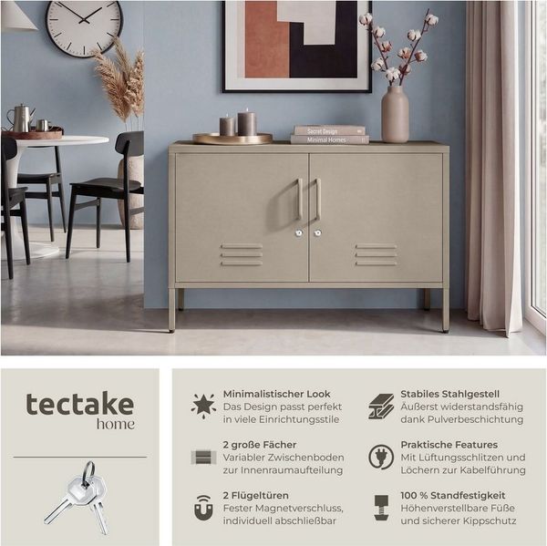tectake Lowboard Sideboard, Kippschutz, höhenverstellbare Füße, 100 x 42,5 x 65 cm (Kommode Baker, in taupe), 4 Türen mit Magnetverschluss, Zwischenboden verstellbar, Kabelführung