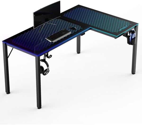 Glas Gaming Tisch LED 152x102cm RGB Eckschreibtisch L Form Musik Sync APP