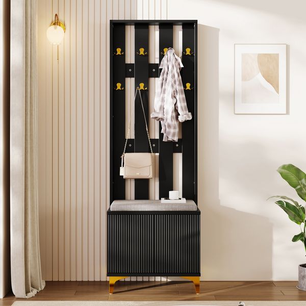 Garderobenset 60,5 x 35,2 x 180,5 cm mit Schuhbank, Kissen und Wellenfront in Schwarz-Gold
