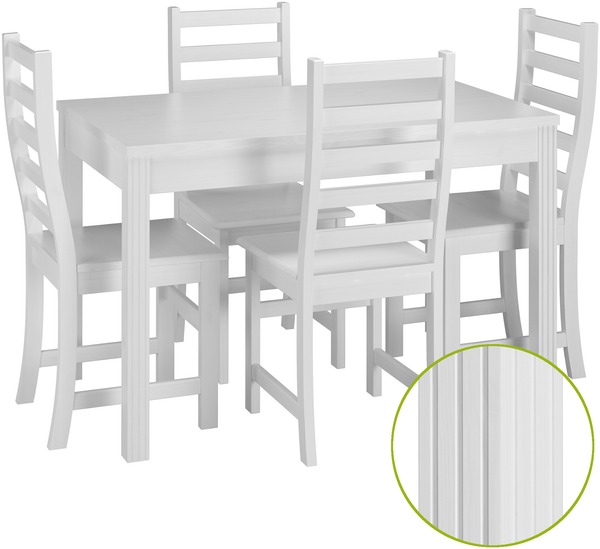 Stilvolle Essgruppe mit Tisch und 4 Stühle in Kiefer Massivholz waschweiß 90.70-51 C W-Set 21