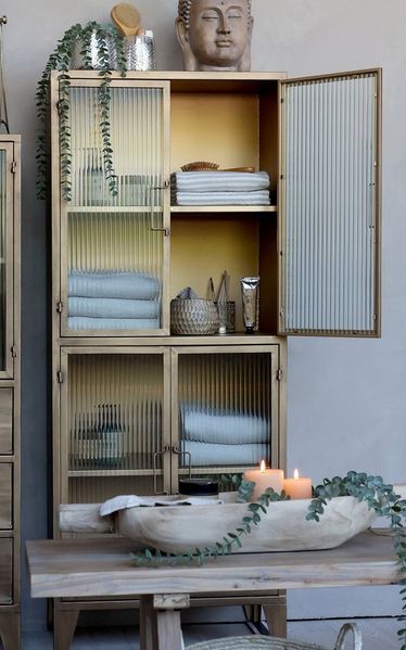 Chic Antique Vitrine Industrial Vitrine Kabinett Golden Amaury Geriffeltes Glas 150/60