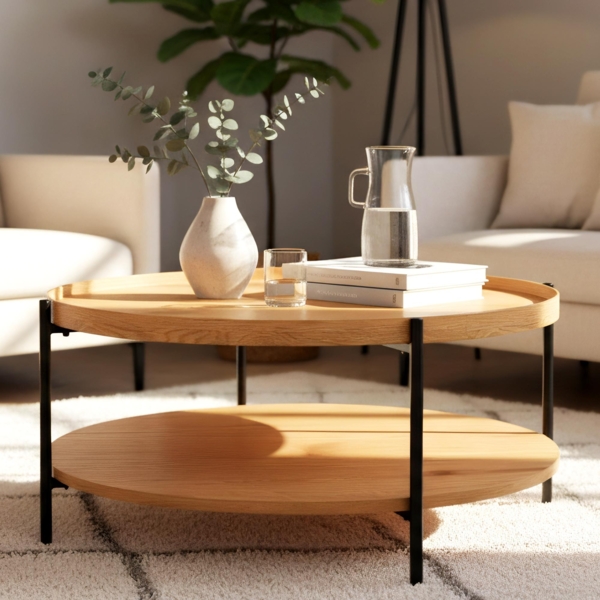 CLP Couchtisch Corbitan rund aus Holz 2 Ebenen Metallgestell schwarz,natura Ø 80 cm