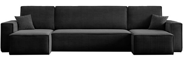 Wohnlandschaft COMO U-Form Cord mit Bett Schlafsofa Ottomane Schwarz