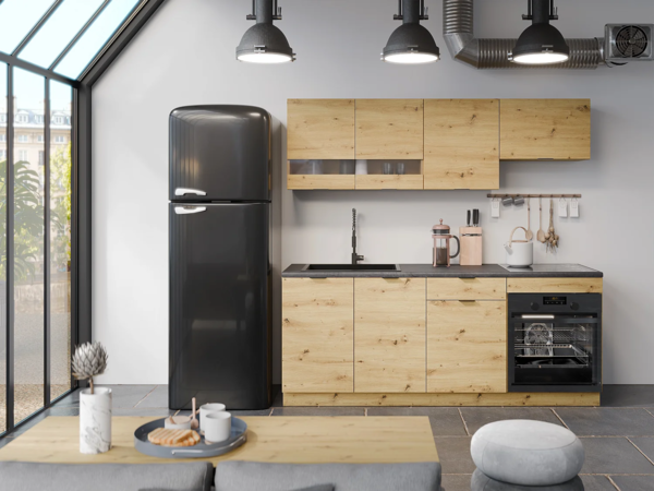 Vente-unique - Küchenzeile - Mit Arbeitsplatte 200 cm - Holzfarben & Anthrazit - CARMEO