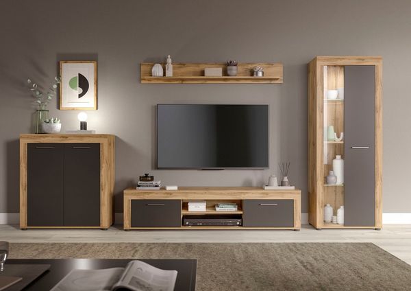 INOSIGN Wohnwand Aosta, Breite 330cm, best. aus Highboard, Lowboard, Wandboard, Vitrine, (4-St), Wohnwand, Kombination, Anbauwand, Möbel Set, Schrankwand, Möbel Kombi