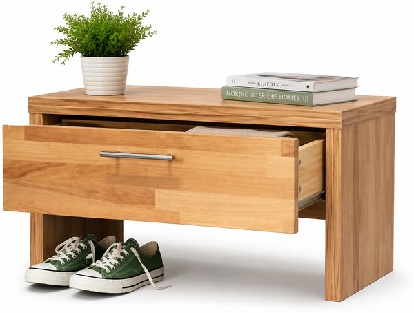 Garderobenbank Kernbuche Flur-Bank Metallgriff Schublade #511