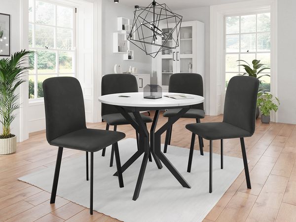 Essgruppe ML03, Runder ausziehbarer Esstisch Dirko M mit 4 Stühlen Lanoi (Farbe: Amor Velvet 4321, Weiß/Schwarz)