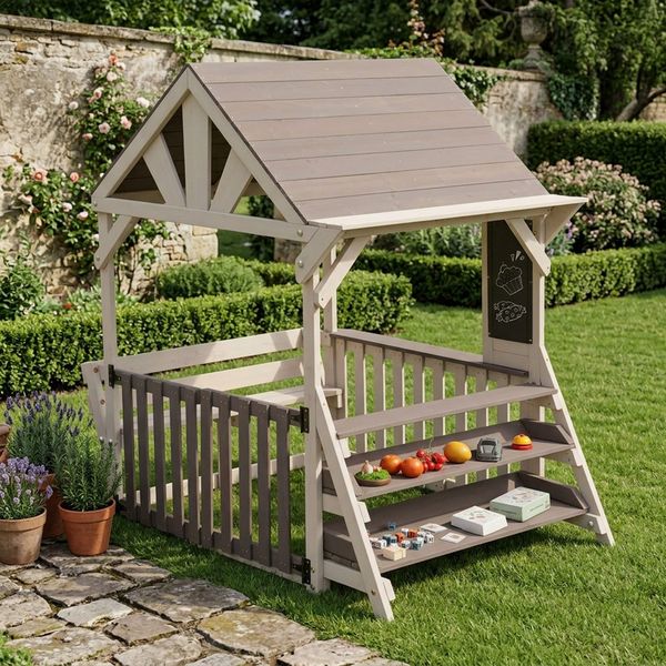 Merax Outdoor-Spielküche Massivholz, Hausform Kinderküche Küchenset mit regensicherem Dach 147.5x114x156cm