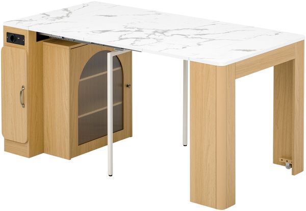 Merax Kücheninsel mit Rollen, Ausziehbarer Esstisch mit abnehmbarer Tischplatte, Mobile Servierwagen mit Steckdosenleisten, dient als Anrichte, Sideboard oder Bartisch (Natur) Bild 10