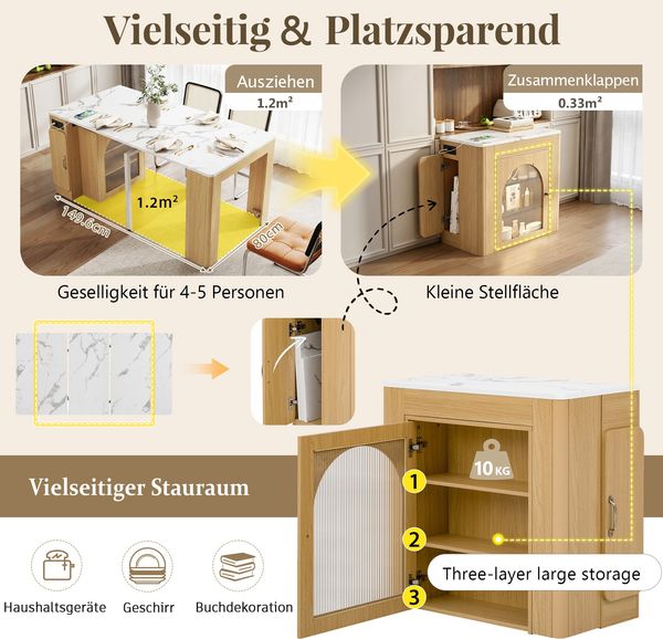 Merax Kücheninsel mit Rollen, Ausziehbarer Esstisch mit abnehmbarer Tischplatte, Mobile Servierwagen mit Steckdosenleisten, dient als Anrichte, Sideboard oder Bartisch (Natur) Bild 6