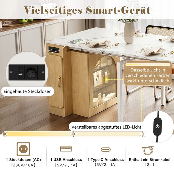 Merax Kücheninsel mit Rollen, Ausziehbarer Esstisch mit abnehmbarer Tischplatte, Mobile Servierwagen mit Steckdosenleisten, dient als Anrichte, Sideboard oder Bartisch (Natur) Bild 7