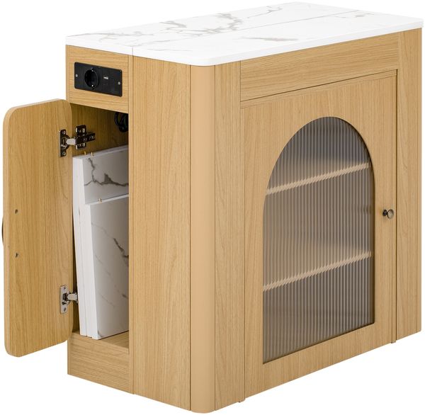 Merax Kücheninsel mit Rollen, Ausziehbarer Esstisch mit abnehmbarer Tischplatte, Mobile Servierwagen mit Steckdosenleisten, dient als Anrichte, Sideboard oder Bartisch (Natur) Bild 9