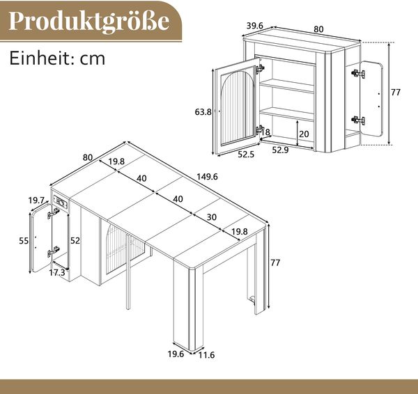 Merax Kücheninsel mit Rollen, Ausziehbarer Esstisch mit abnehmbarer Tischplatte, Mobile Servierwagen mit Steckdosenleisten, dient als Anrichte, Sideboard oder Bartisch (Natur) Bild 4