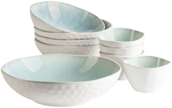 MÄSER 934009 Serie Frozen, 9-teiliges Bowl Set aus schöner Keramik, 1 Salatschüssel, 4 Ramen Schalen und 4 Dip Schälchen, organische Formen im Vintage Look, händisch lasiert, Steinzeug, Grün
