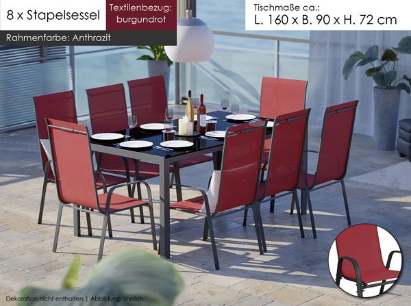 Gartenmöbel Set Metall Tisch 8 Stapelsessel Essgruppe Gartenset Sitzgruppe Stuhl burgundrot