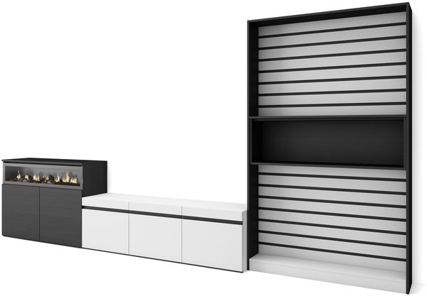 Skraut Home | Wohnwand Wohnzimmer | Wohnzimmermöbel, Möbelset | 360 x 186 x 35 cm | Für TV-Geräte bis zu 65" | Elektrokamin. | Moderner Stil | Weiß und Schwarz