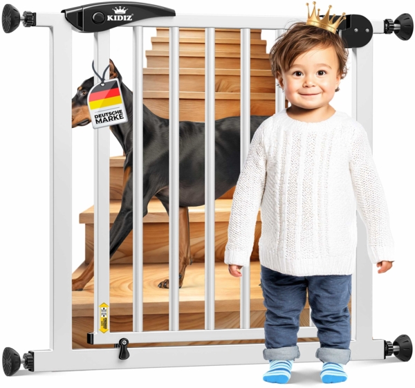 KIDIZ® Schutzgitter für Treppen | Tür, Auto Close Kindertreppengitter ohne Bohren | 90° Stop, Absperr Türschutzgitter, schwenkbare Trennwand, Treppenschutzgitter, Klemmen 102 - 115 cm Weiß / Schwarz +28 Bild 1