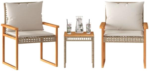 vidaXL 3-tlg. Bistro-Set mit Kissen Beige Poly Rattan Akazienholz 365861