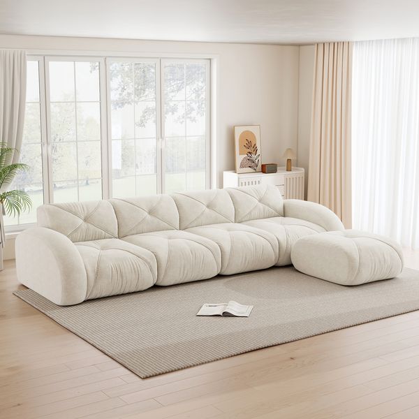 Flieks Modulares Sofa 4-Sitzer mit Hocker, Cloud Sofa mit runden Armlehnen, Chenille weich, rahmenlos bodennah, Lounge Sofa, Beige