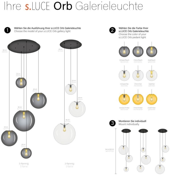s.luce Orb Galerieleuchte 3- oder 5-flammig Modular Baldachin Schwarz, Rauch Bild 18