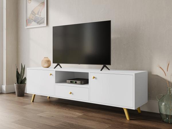 TV-Lowboard Salezto 160 mit 2 Drehtüren und Schublade (Farbe: Weiß)