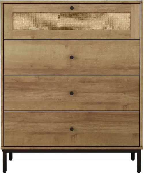 OTTO home Kombikommode Motala Schlafzimmerschrank Garderobe Boho Eichen-Design (Eichen-Design mit Geflecht Schublade und schwarzen Griffen), Schrank Schlafzimmer mit 4 Schubladen hochwertig