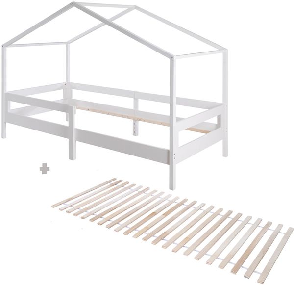 roba Hausbett 90 x 200 cm - Kinderbett nach dem Montessori Prinzip - Inklusive Lattenrost sowie integriertem Rausfallschutz - Holz weiß lackiert