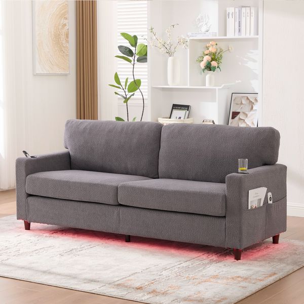 Sofa 203x77,5x86 cm, Chenille hellgrau – 2‑Sitzer mit Sitzfläche für 2 Personen, USB‑C, dimmbares LED und Getränkehalter