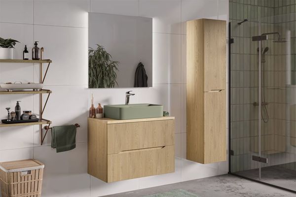 Badmöbel Set 3-tlg Badezimmerset AVOLI Cremona Eiche Spiegel 80cm ohne Waschtisch