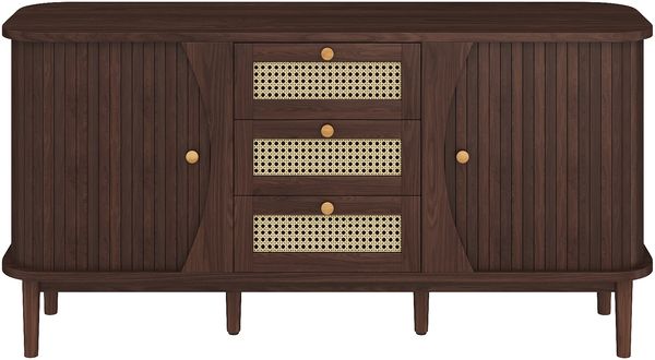 Merax Sideboard, Rattankommode, Kommode mit Schiebetüren, verstellbaren Einlegeböden und abgerundeter Platte, Walnuss
