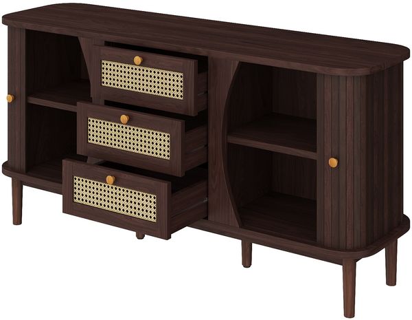 Merax Sideboard, Rattankommode, Kommode mit Schiebetüren, verstellbaren Einlegeböden und abgerundeter Platte, Walnuss Bild 6
