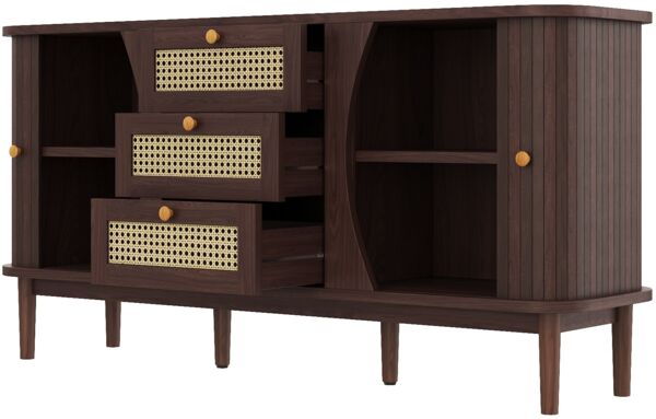 Merax Sideboard, Rattankommode, Kommode mit Schiebetüren, verstellbaren Einlegeböden und abgerundeter Platte, Walnuss Bild 8