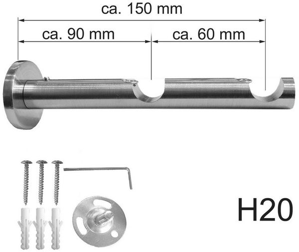 BASIT Gardinenstange Rohr Edelstahl 16 mm mit Wandträgern 120 cm E11, Ø 16 mm, 2-läufig, verschraubt, Edelstahl, H20 120 cm E11 Kegel