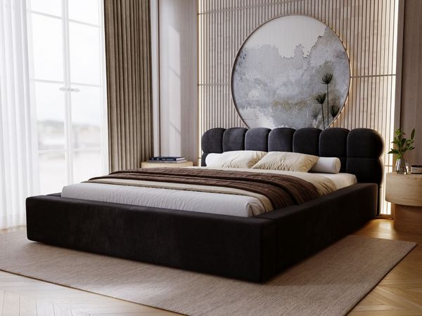 GRAINGOLD Plaza Polsterbett 140x200, Doppelbett mit Bettkasten, gepolstertes Kopfteil, Velour-Stoff, Schwarz