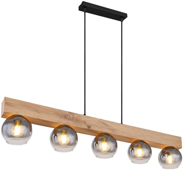 Pendelleuchte, Holzoptik, Kugeln Rauchglas, L 115 cm