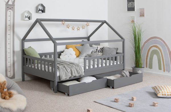 Ticaa Hausbett Kay mit Rausfallschutz und Schubkasten aus Kiefer, Kinderbett 120x200, inkl. Dach, mit Rollrost