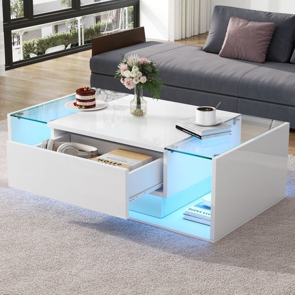 Couchtisch mit 1 Schublade & LED, Glasplatte, Hochglanz Weiß, 100×50×31 cm