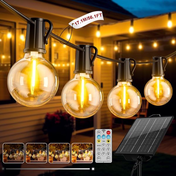 Solar Lichterkette Aussen, 17.1M/56.1FT LED Solarlichterkette Außen Wetterfest 8 Modi, 24+1 G40 Lichterketten, 3600 mAH Akku IP44 Wasserdicht Solar Lichterkette Outdoor für Balkon Garten Camping Party