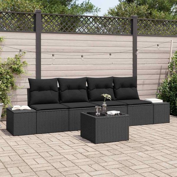 vidaXL Garten-Sofa-Set mit Kissen 5 pcs Schwarz Poly-Rattan 3355602