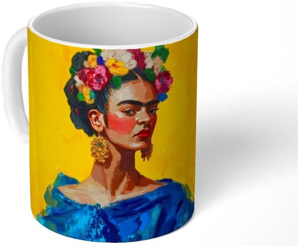 MuchoWow Tasse Frida Kahlo - Frau - Gelb - Blau - Blumen, 1-tlg, Keramik, Kaffeetassen, Teetasse, Becher, Kaffeebecher, Geschenk
