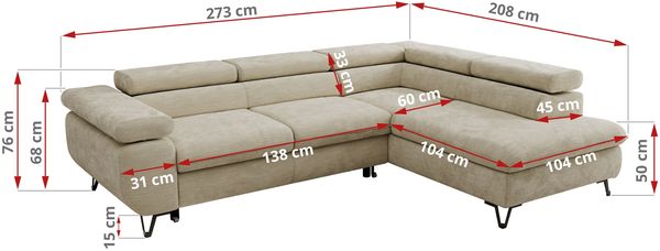 MKS Möbel 'Pablo L-Form' Ecksofa mit Schlaffunktion, verstellbare Kopfstützen, Beige, Schenille glatt, Visco Topper, Links Bild 6