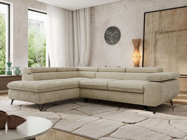 MKS Möbel 'Pablo L-Form' Ecksofa mit Schlaffunktion, verstellbare Kopfstützen, Beige, Schenille glatt, Visco Topper, Links