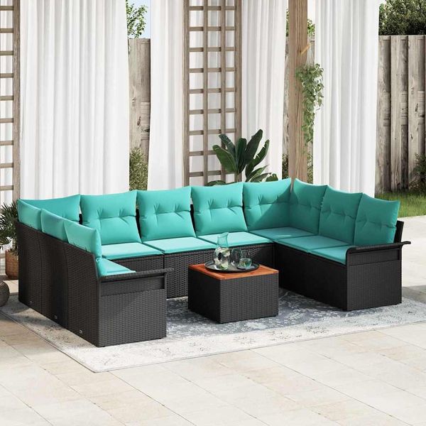 vidaXL Gartensofa-set 10 pcs Schwarz und Türkis Poly-Rattan 3356044