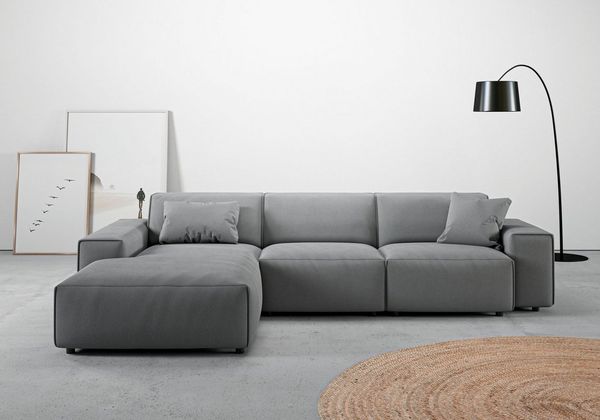 andas Ecksofa Glimminge auch in Breitcord, Feincord, Bouclé + Easy care-Bezug, L-Form, Breite 294, Zierkissen