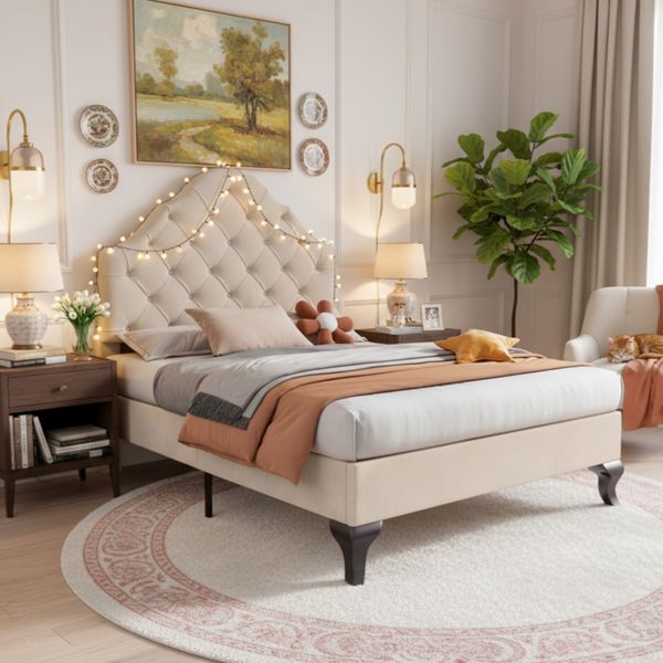 Polsterbett 90×200 cm aus Samt-Stoff mit Lattenrost und verstellbarem Kopfteil, beige