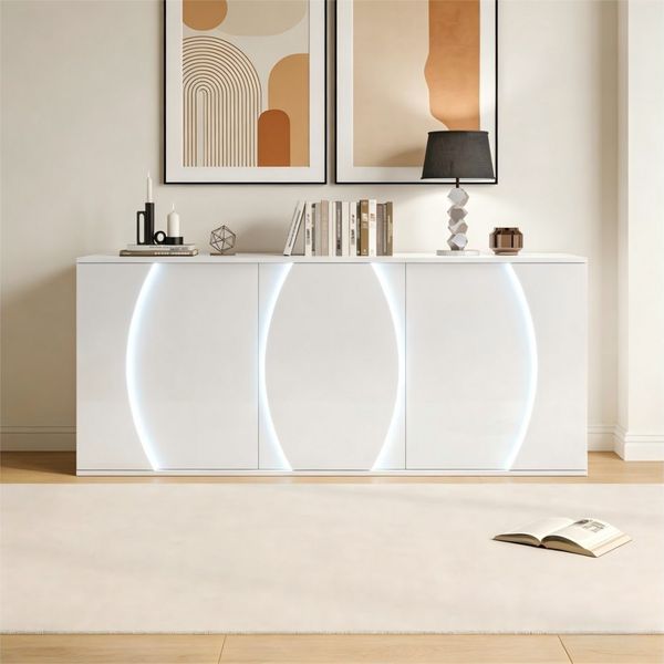 MODFU Sideboard 150 x 70 x 40 cm, Weiß Hochglanz (Packung, 1 St, Design-Schrank aus Spanplatte), Mit LED-Beleuchtung & 3 Türen