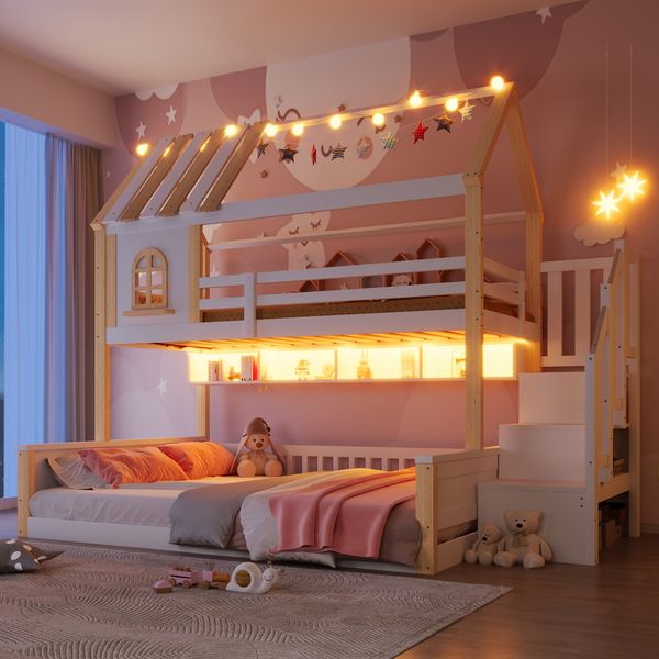 Etagenbett, 90x200cm+140x200cm, Mit LED-Lichtleiste, Hausdesignx Fenstergestaltun,Offene Staufächer, Ablageleiter, Betten in verschiedenen Größen, Ohne Matratze, Weiß+ Natur