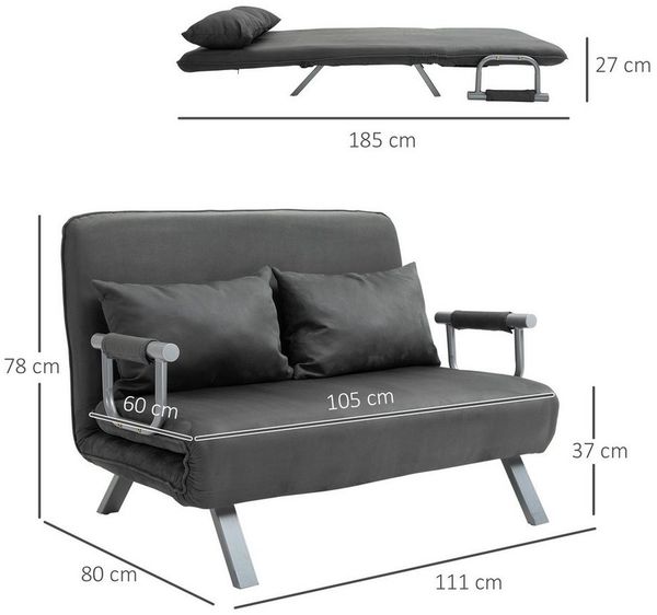 HOMCOM Schlafsofa Zweisitzer mit Bettfunktion, Einzelbett mit Kissen, Schlafsessel 1 Teile, für Wohnzimmer, Grau Bild 2