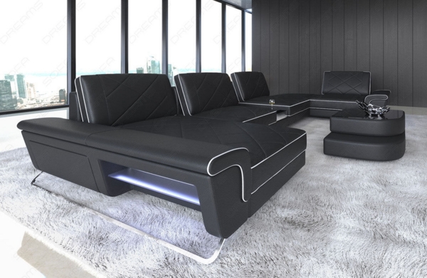 Sofa Dreams 'Bari U' Wohnlandschaft, Schwarz / Weiß, Büffelleder, 89 x 243 x 456 cm, Links Bild 3